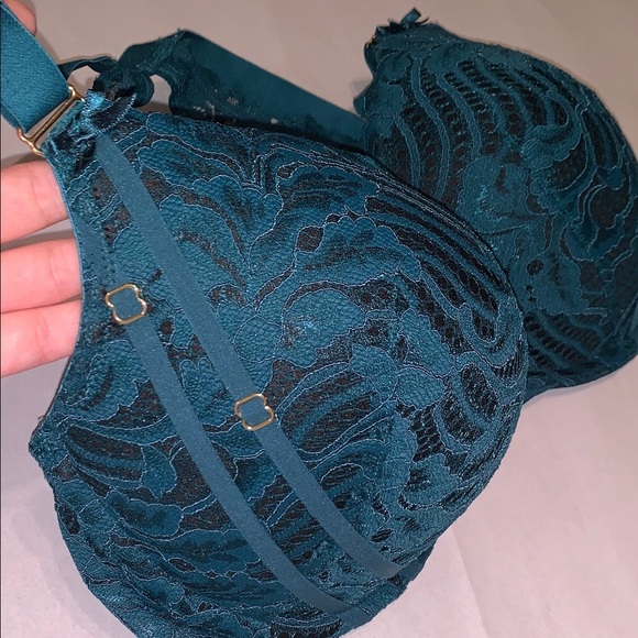 Cacique Boost Plunge Dark Teal Blue Lace Bra RacerBack Underwire Strappy 38DDD - Picture 10 of 11